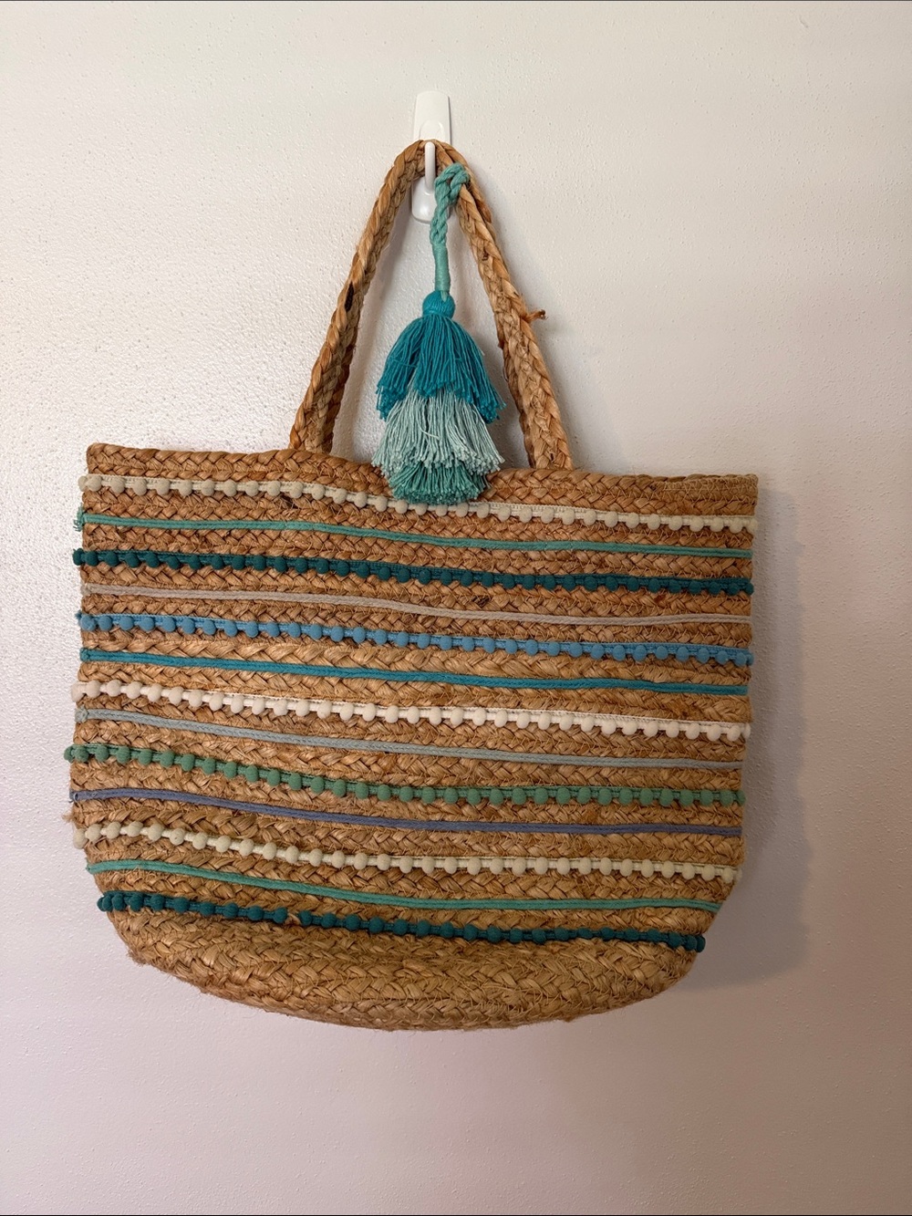 chico’s Woven Straw Tote Bag with Turquoise Tassel